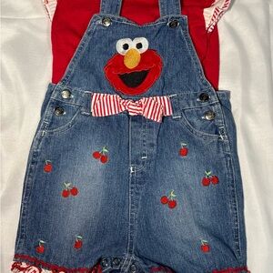 Vintage Y2K 2007 Sesame Street Elmo Denim Shortalls Set Girls 24M Cherry Gingham